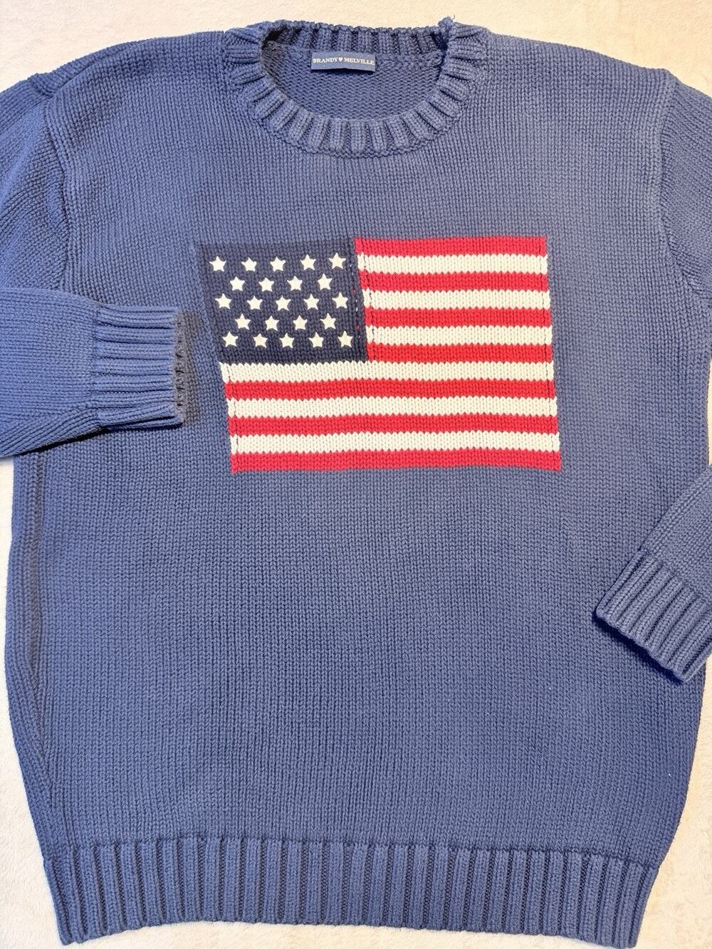 Brandy Melville Brianna Flag Sweater Blue Cotton Chunky Knit Slouchy Preppy OS